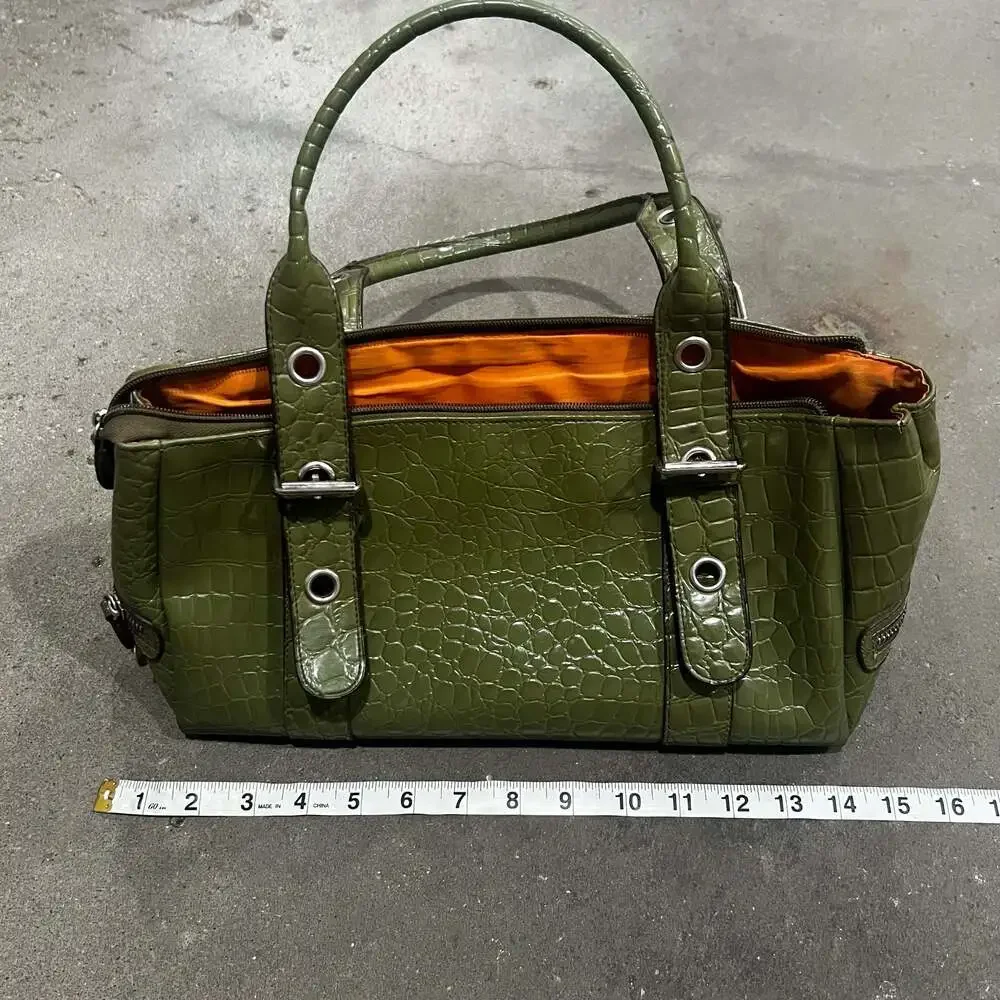 Green Y2K Faux Crocodile Embossed Satchel Handbag
